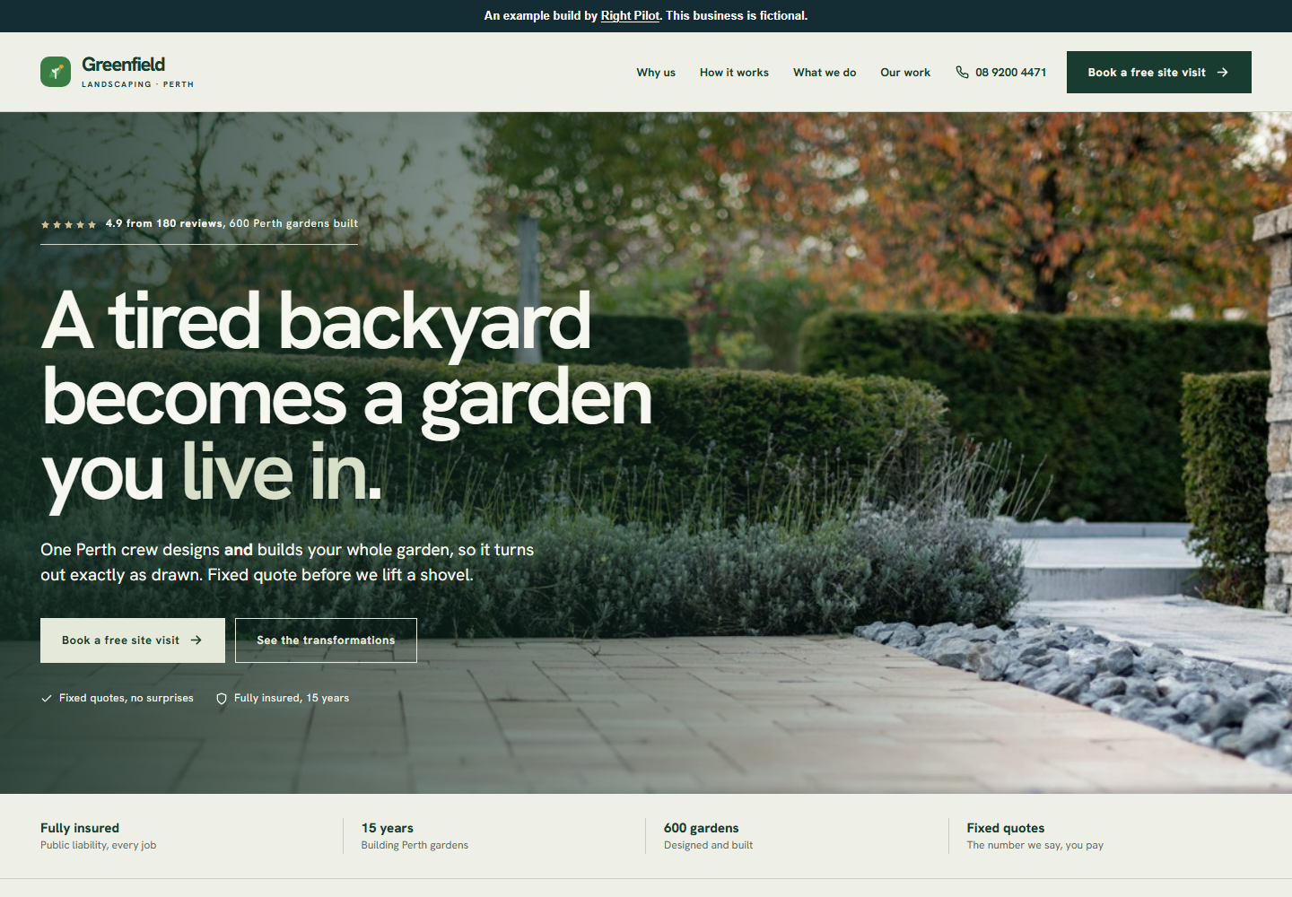 Greenfield landscaping demonstration website on a desktop
